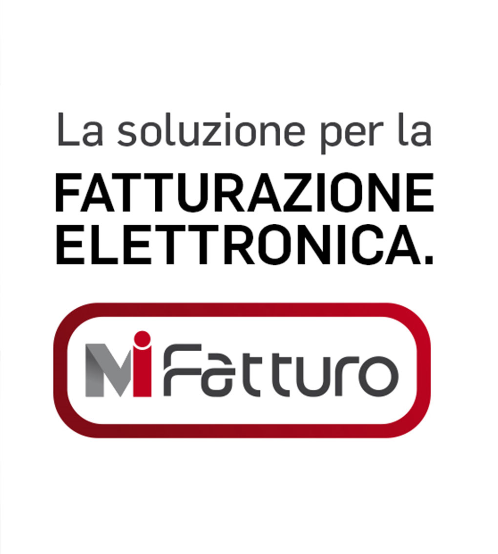 Un testo grafico in italiano che recita "La soluzione per la FATTURAZIONE ELETTRONICA". Sotto c'è un logo con la scritta "MiFatturo" all'interno di un bordo rettangolare arrotondato. Il logo incorpora una "M" rossa e una "i" nera prima di "Fatturo", a simboleggiare numerosi casi di successo. ResData